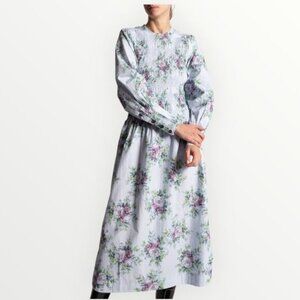 Ganni Organic Cotton Poplin Smocked Long Sleeve Maxi Dress Heather Blue